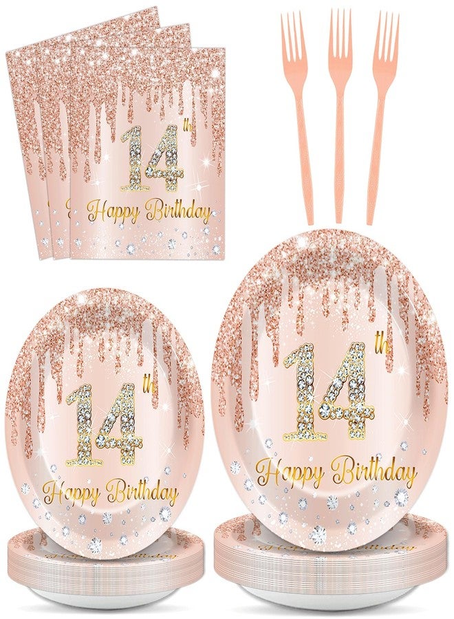 CHUNNIN 96 Pcs Rose Gold 14th Birthday Party Plates and Napkins for Girls Rose Gold Party Supplies Pink Happy 14 Years Birthday Party Tableware Set for 24 Guests Party Decorations - Image 1
